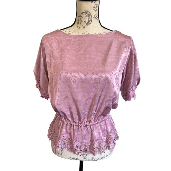 A.J. Bari Tops - Vintage A.J. Bari Rose Jacquard Satin Blouse W/ Lace Trim & Floral Appliqué